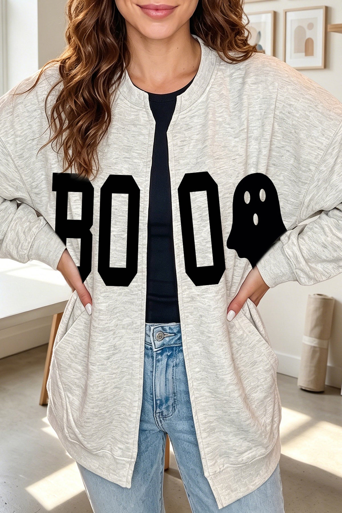 Light Grey Halloween Boo Ghost Print Open Front Sweatshirt