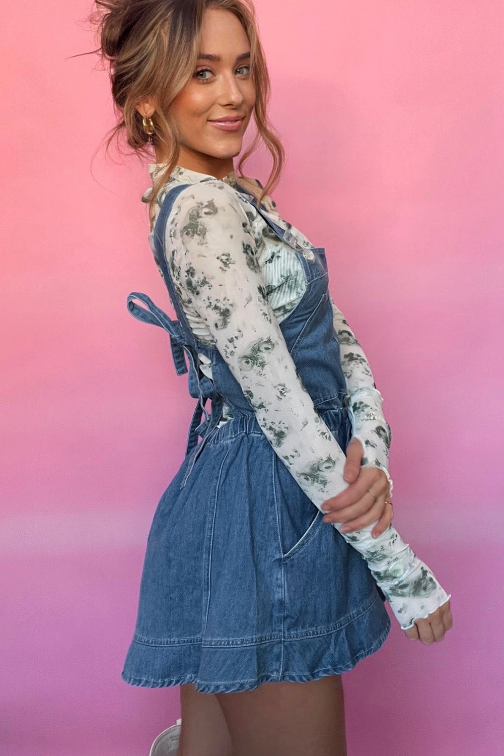 Sky Blue Buckle Straps Bib Style Tied Backless Flared Denim Overall