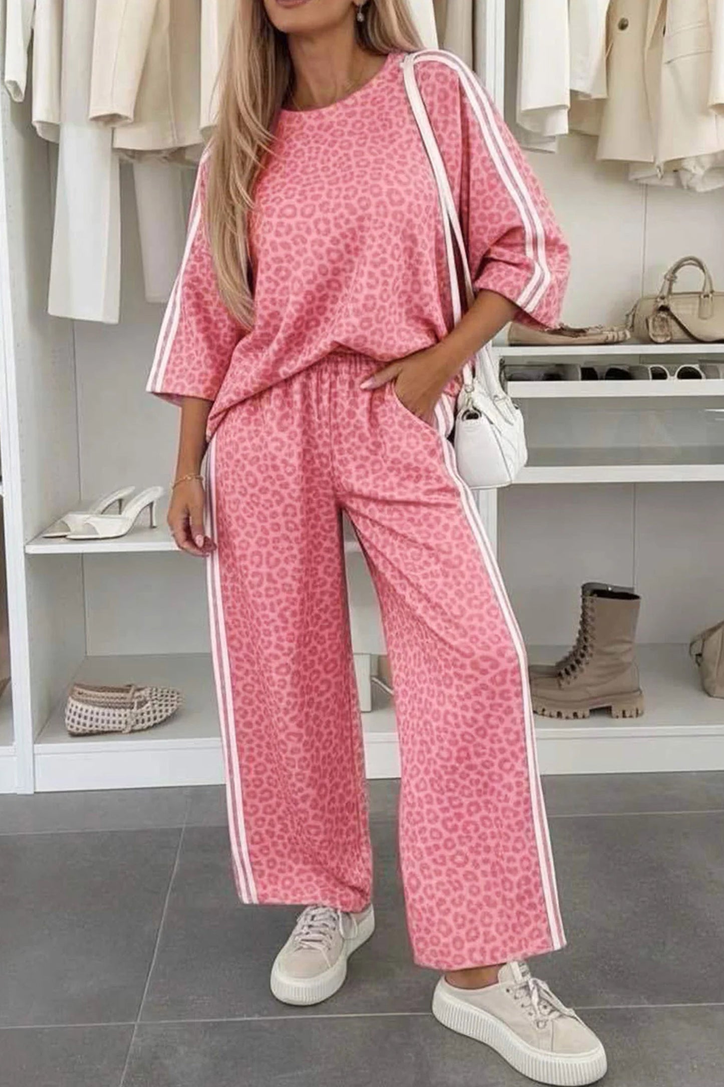 Pink Leopard Print Varsity Striped Detail 3/4 Sleeve Top Shift Pant Set